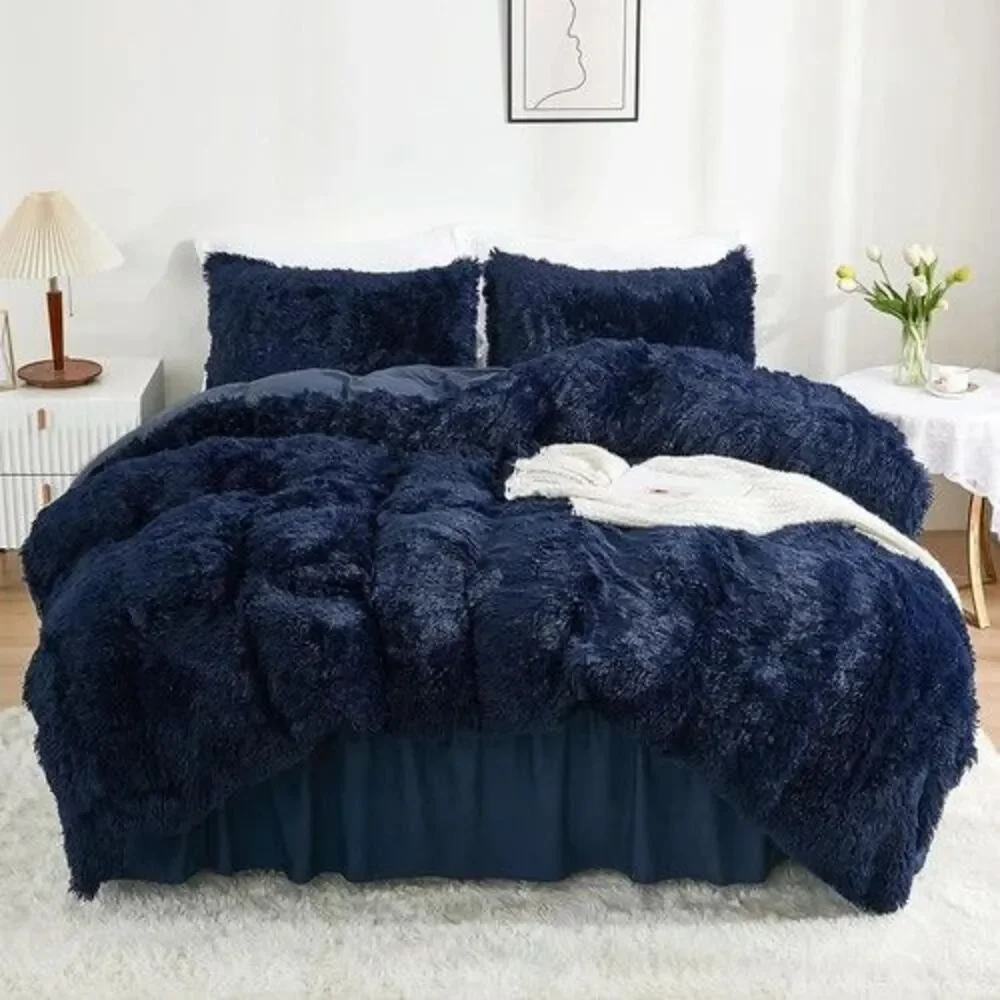 Fluffy Duvet Cover full Size Plush Shaggy Faux Fur Comforter Navy Blue & 2pillow